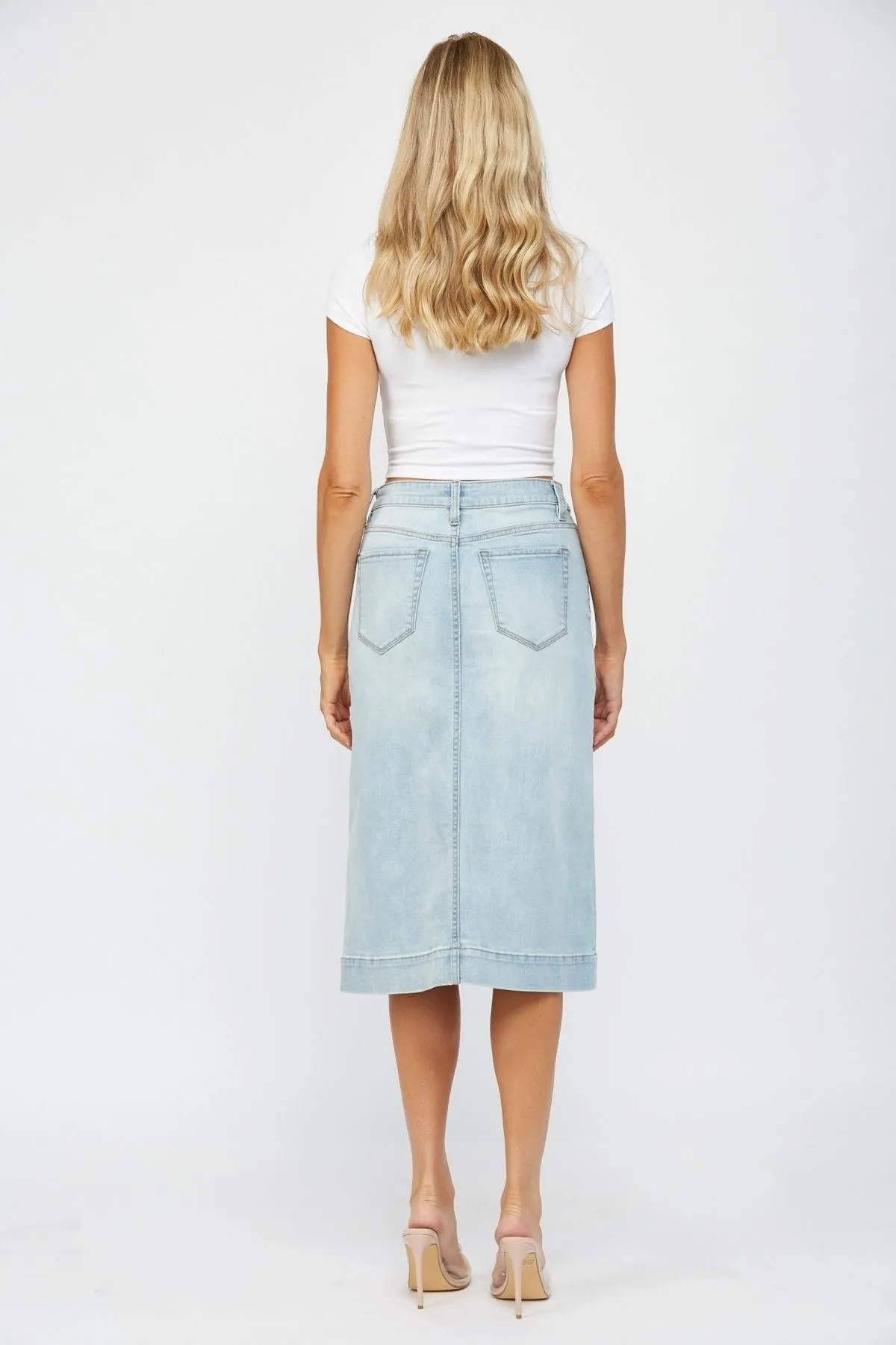 Light Wash Denim Midi Skirt