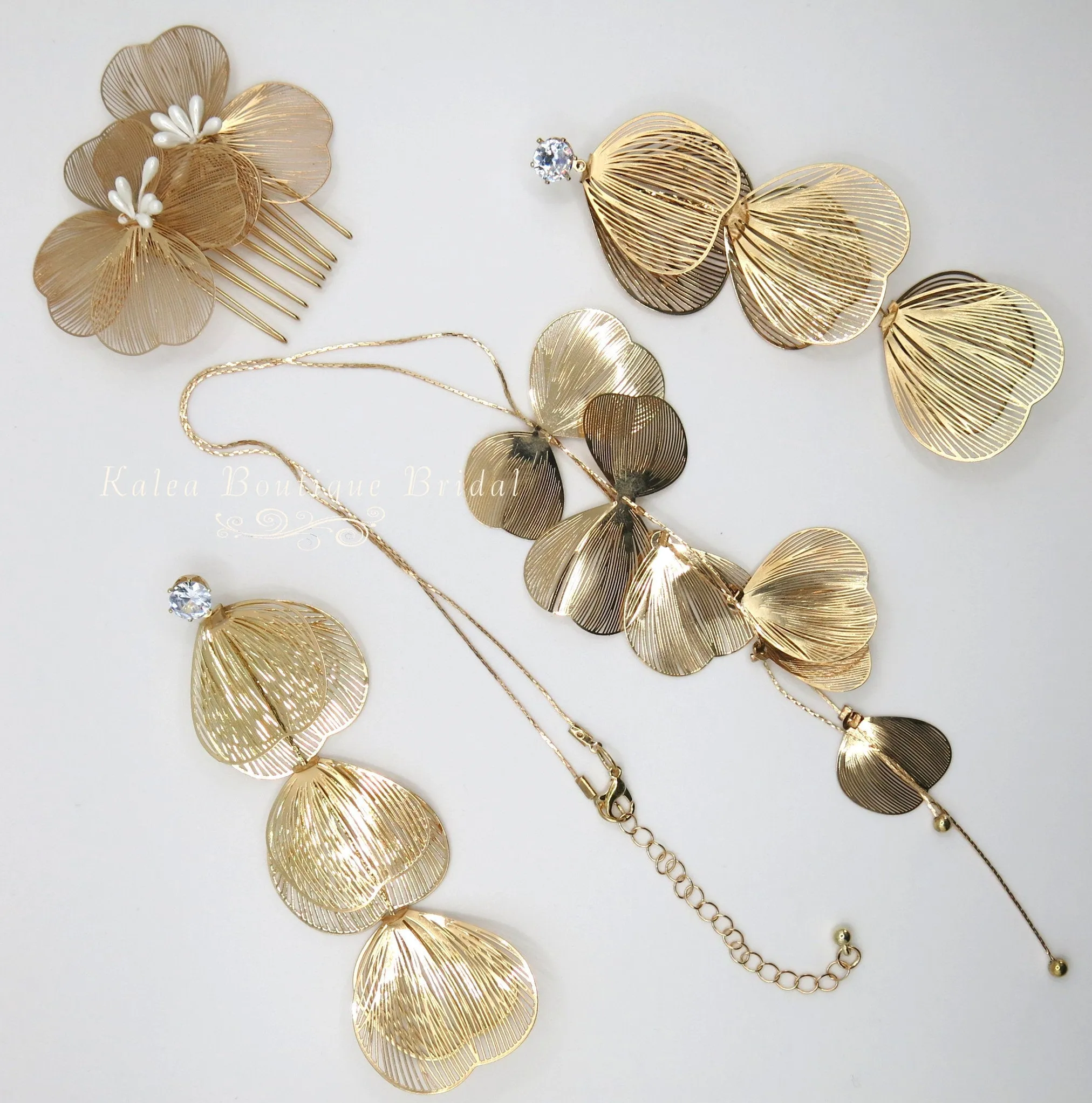 Long Dangle Y Necklace, Snake Chain Tie Necklace, Floral Deep V Bridal Necklace, Two Flower Hair Comb, or Large Flower Earrings