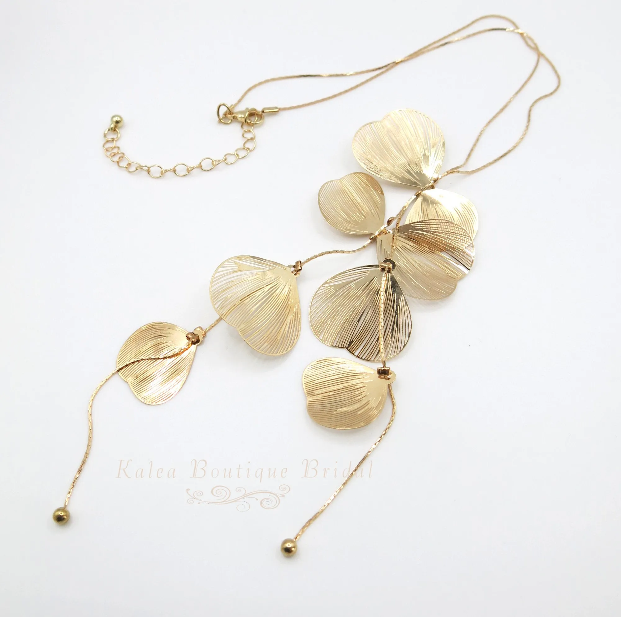 Long Dangle Y Necklace, Snake Chain Tie Necklace, Floral Deep V Bridal Necklace, Two Flower Hair Comb, or Large Flower Earrings