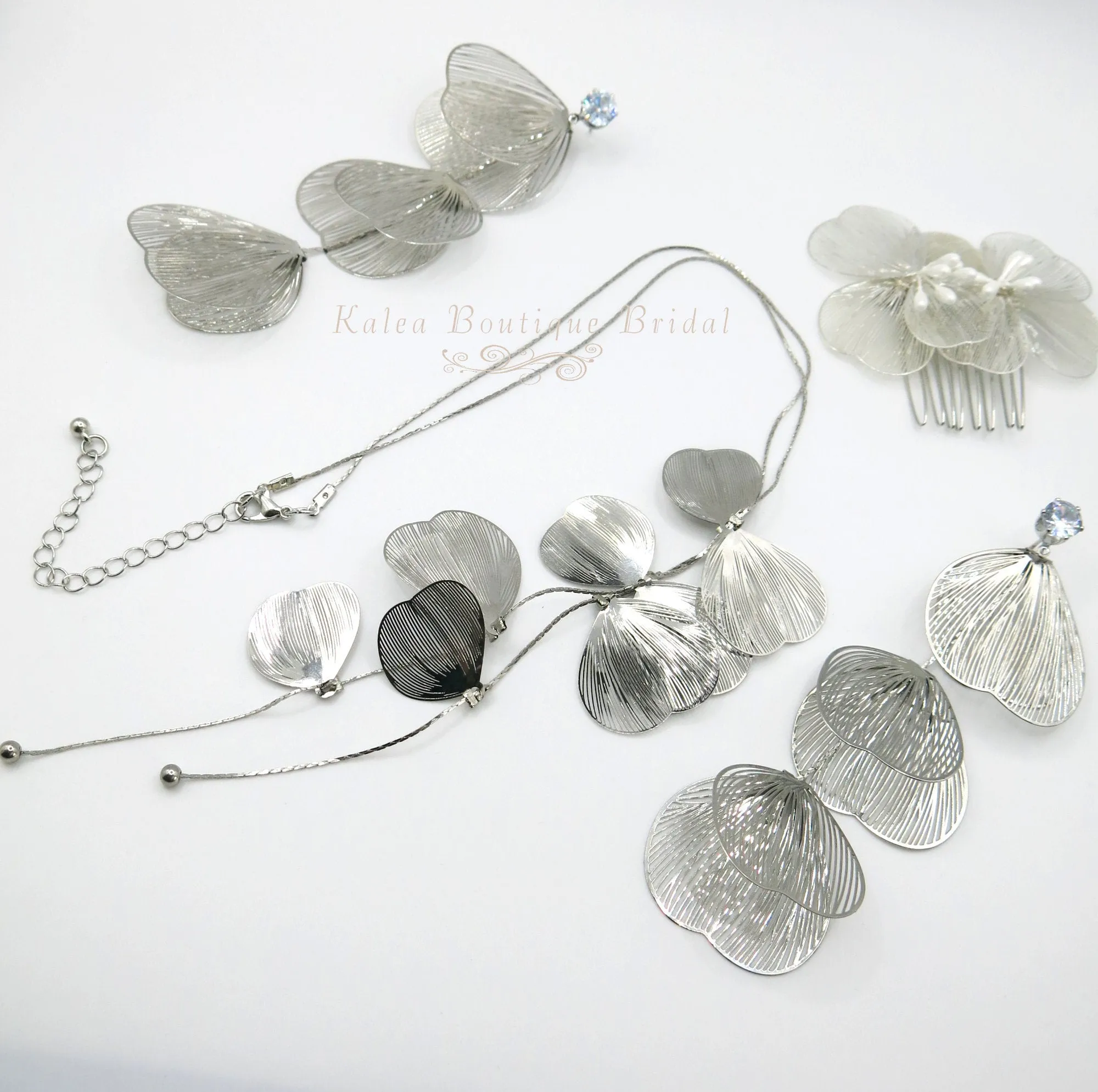 Long Dangle Y Necklace, Snake Chain Tie Necklace, Floral Deep V Bridal Necklace, Two Flower Hair Comb, or Large Flower Earrings