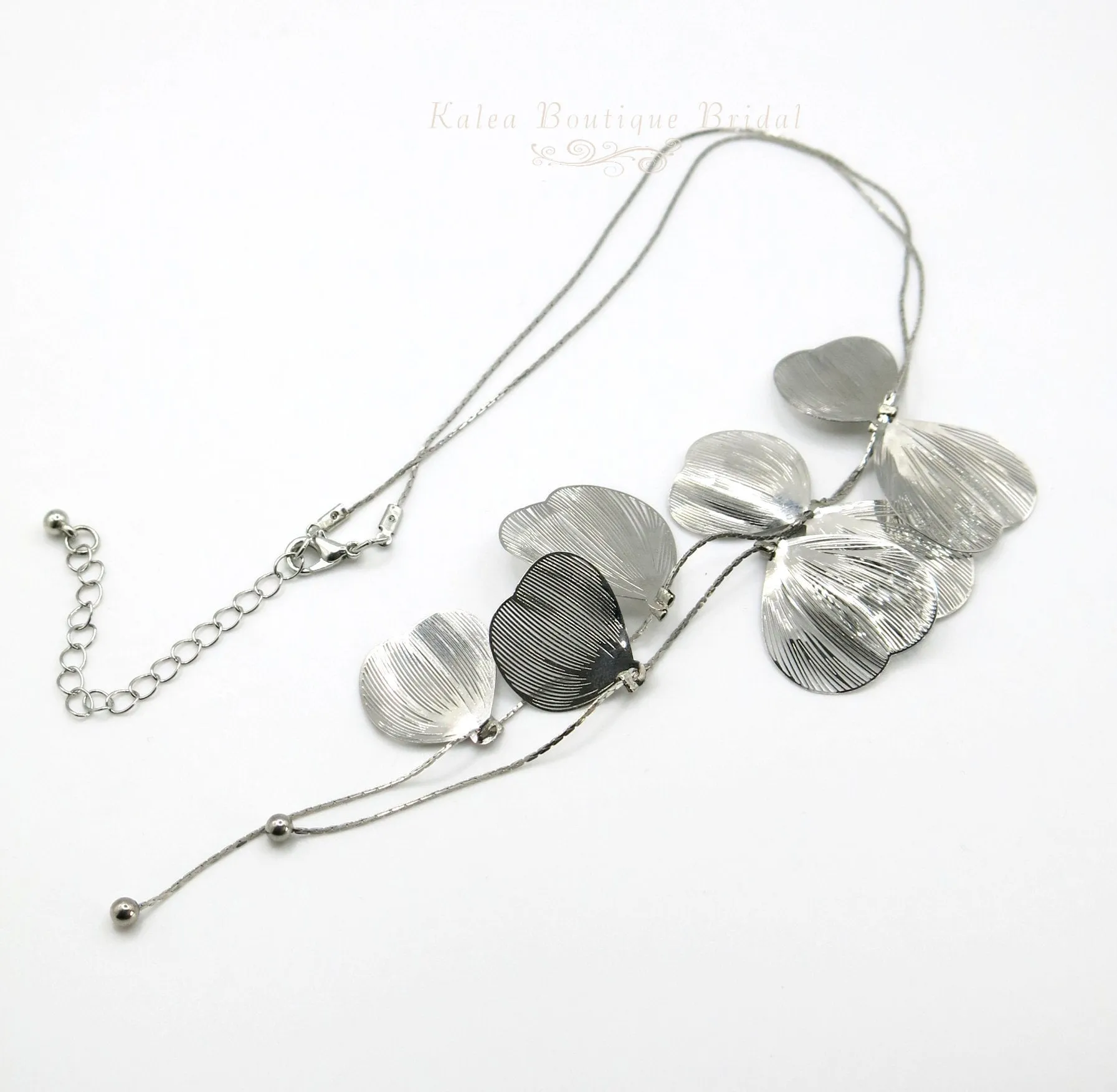 Long Dangle Y Necklace, Snake Chain Tie Necklace, Floral Deep V Bridal Necklace, Two Flower Hair Comb, or Large Flower Earrings