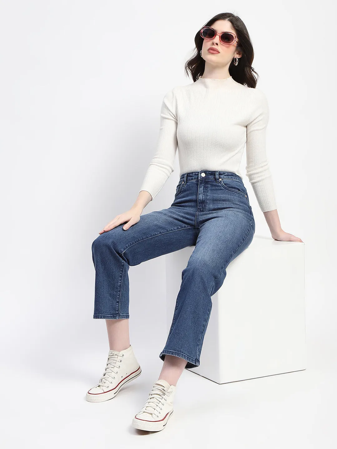 Madame Mid Blue Straight Fit Whiskered Denim