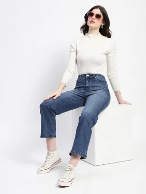 Madame Mid Blue Straight Fit Whiskered Denim