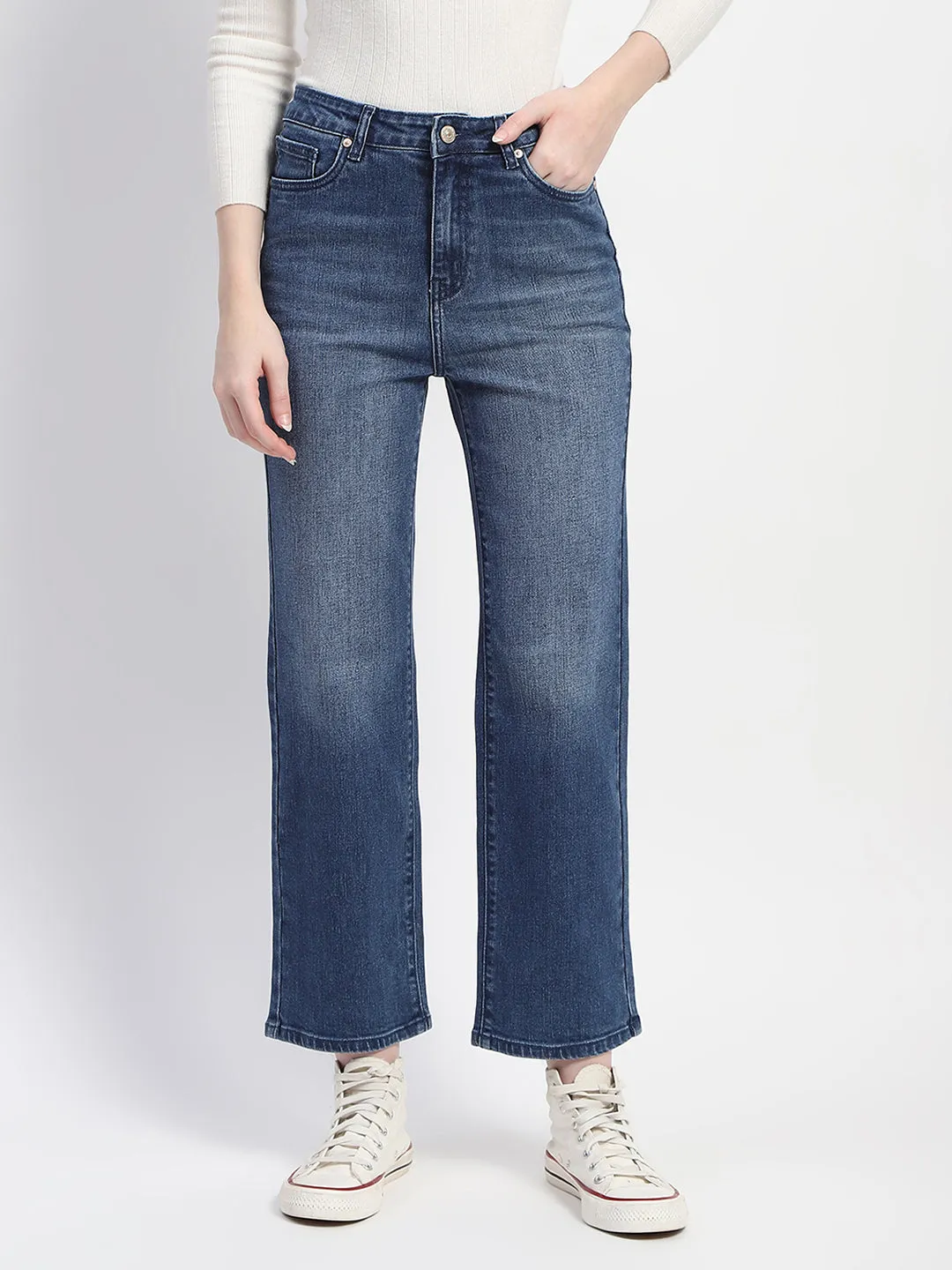 Madame Mid Blue Straight Fit Whiskered Denim