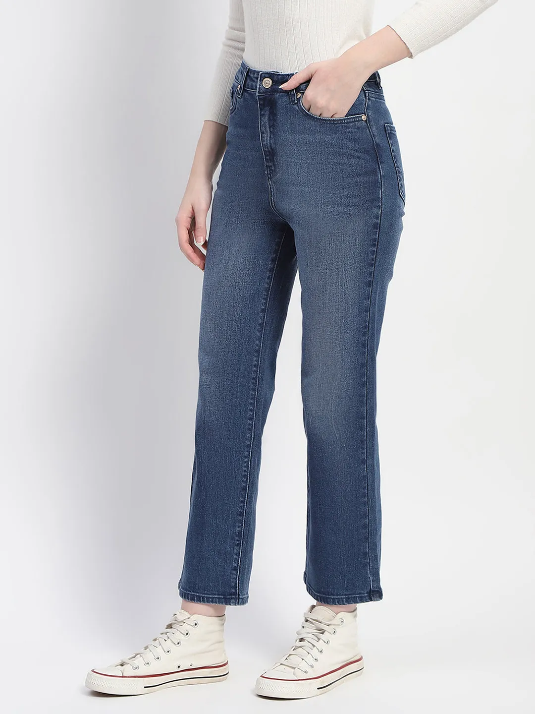 Madame Mid Blue Straight Fit Whiskered Denim