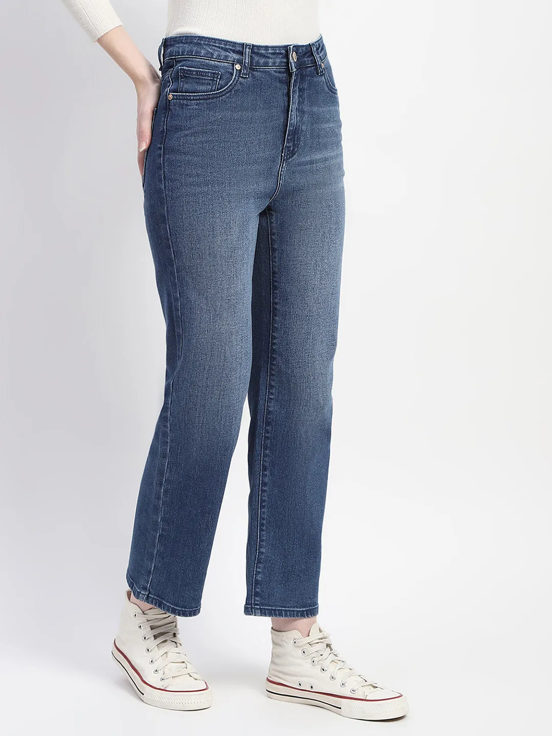 Madame Mid Blue Straight Fit Whiskered Denim