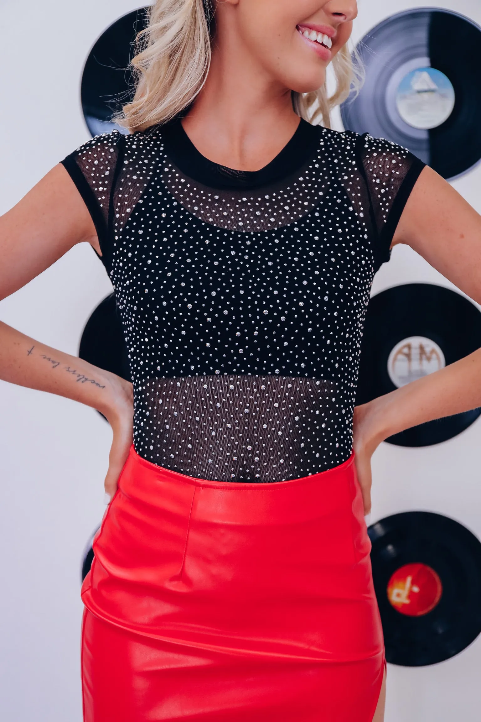 Mila Mesh Rhinestone Bodysuit - Black