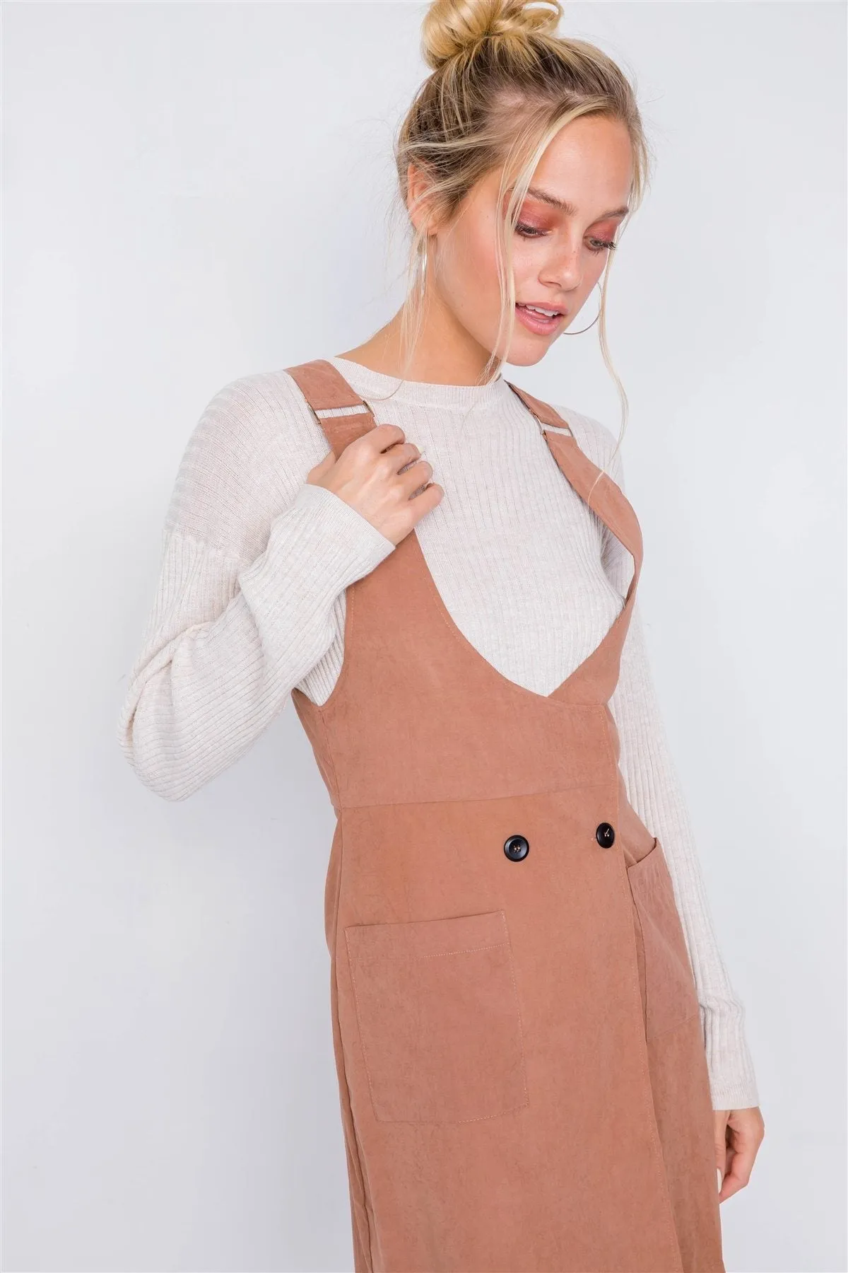 Mocha Vintage Suede Front Button Office Chic Mini Dress
