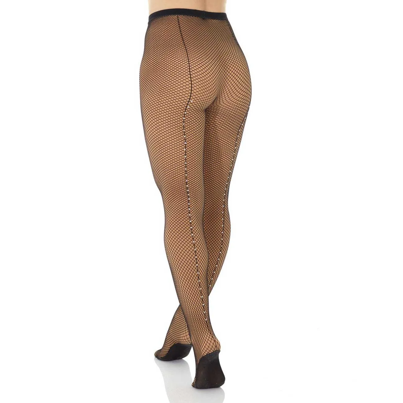 Mondor 328 Cabaret Fishnet Tights with Rhinestoned Back Seam in Black - Adult