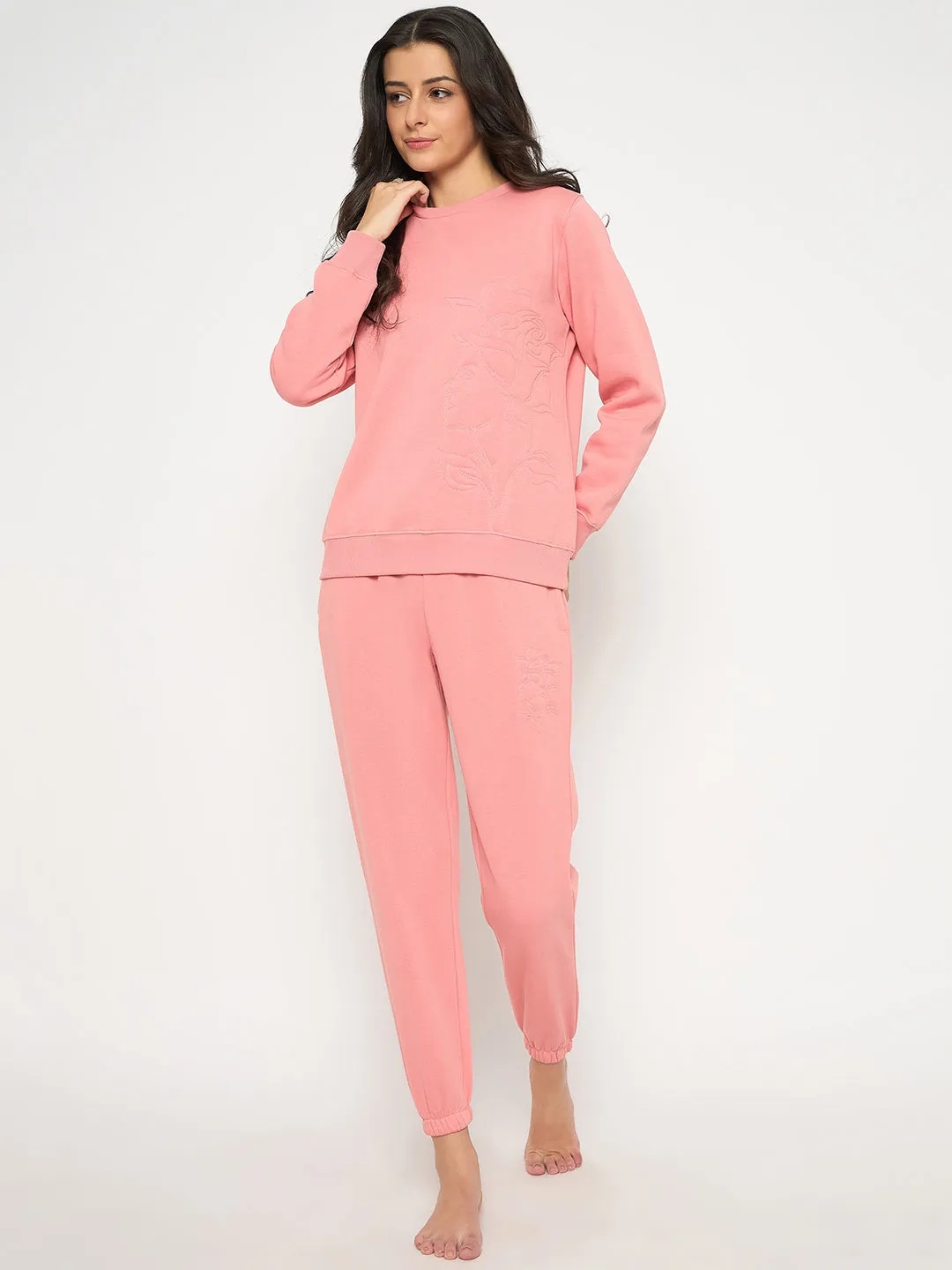 mSECRET Cotton Blend Embossed Detailed Top and Bottom Pink Night Suit