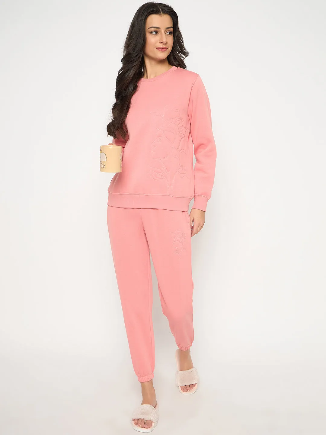 mSECRET Cotton Blend Embossed Detailed Top and Bottom Pink Night Suit