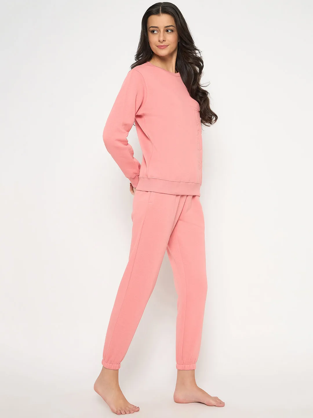 mSECRET Cotton Blend Embossed Detailed Top and Bottom Pink Night Suit