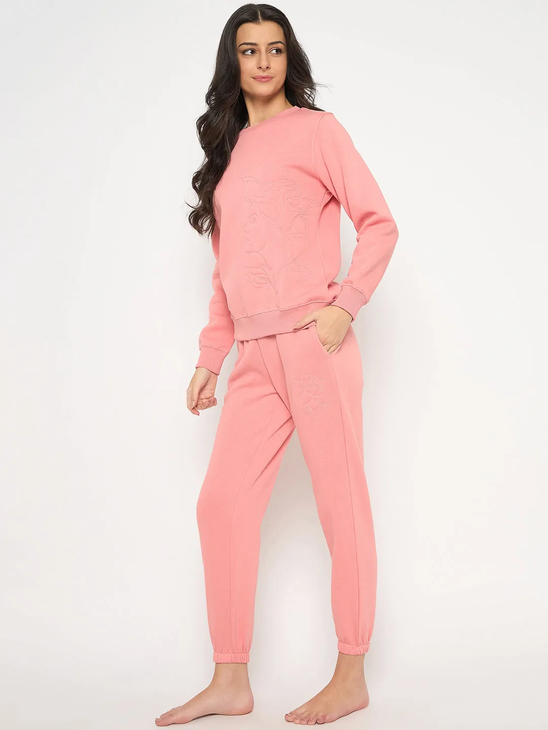 mSECRET Cotton Blend Embossed Detailed Top and Bottom Pink Night Suit