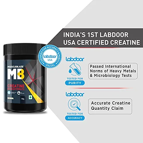 MuscleBlaze Creatine Monohydrate, India's Only Labdoor USA Certified Creatine (Unflavoured, 100 g / 0.22 lb, 33 Servings)