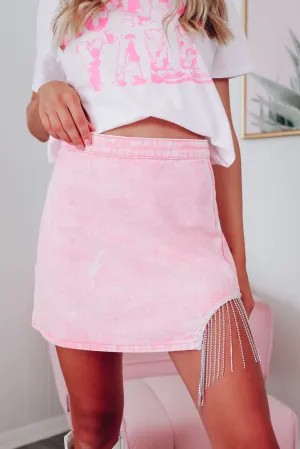 No Rules Denim Rhinestone Mini Skirt - Pink