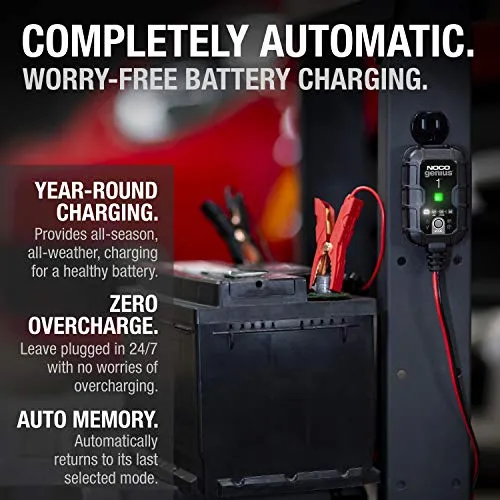 NOCO GENIUS1, 1A Fully-Automatic Smart Charger, 6V and 12V Portable Automotive Car Battery Charger, Battery Maintainer, Trickle Charger and Battery Desulfator with Temperature Compensation