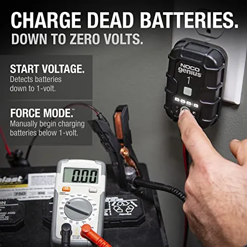 NOCO GENIUS1, 1A Fully-Automatic Smart Charger, 6V and 12V Portable Automotive Car Battery Charger, Battery Maintainer, Trickle Charger and Battery Desulfator with Temperature Compensation