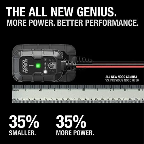 NOCO GENIUS1, 1A Fully-Automatic Smart Charger, 6V and 12V Portable Automotive Car Battery Charger, Battery Maintainer, Trickle Charger and Battery Desulfator with Temperature Compensation