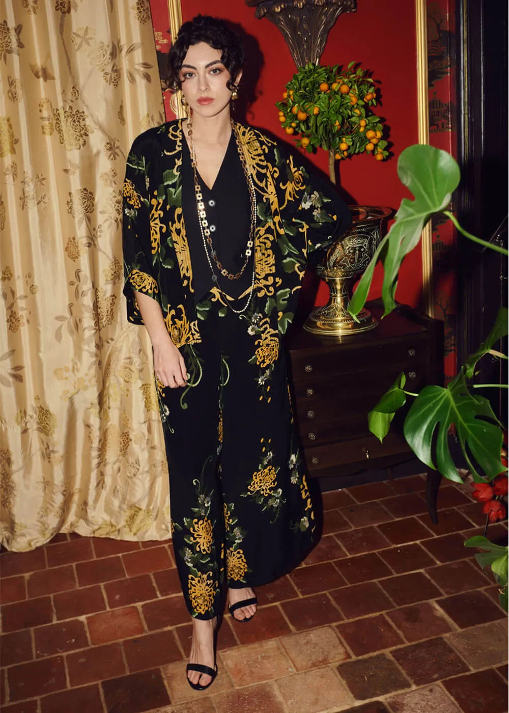 One Hundred Stars Chrysanthemum Crepe Palazzo Trousers Black