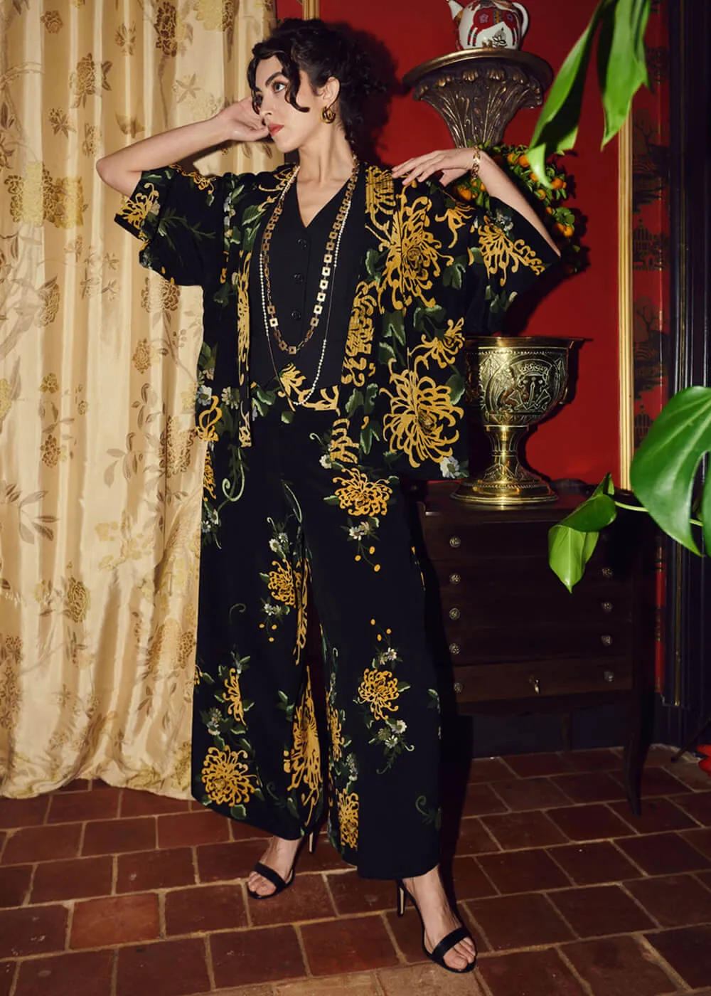 One Hundred Stars Chrysanthemum Crepe Palazzo Trousers Black