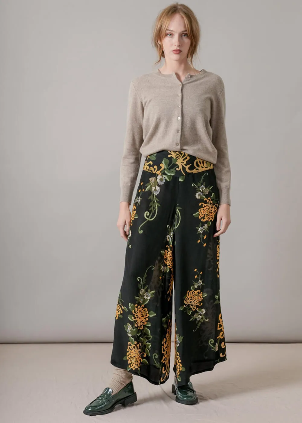 One Hundred Stars Chrysanthemum Crepe Palazzo Trousers Black