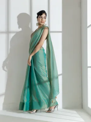 Paris Green Paisley Gold Design Chiffon Saree with Beaded Latkan