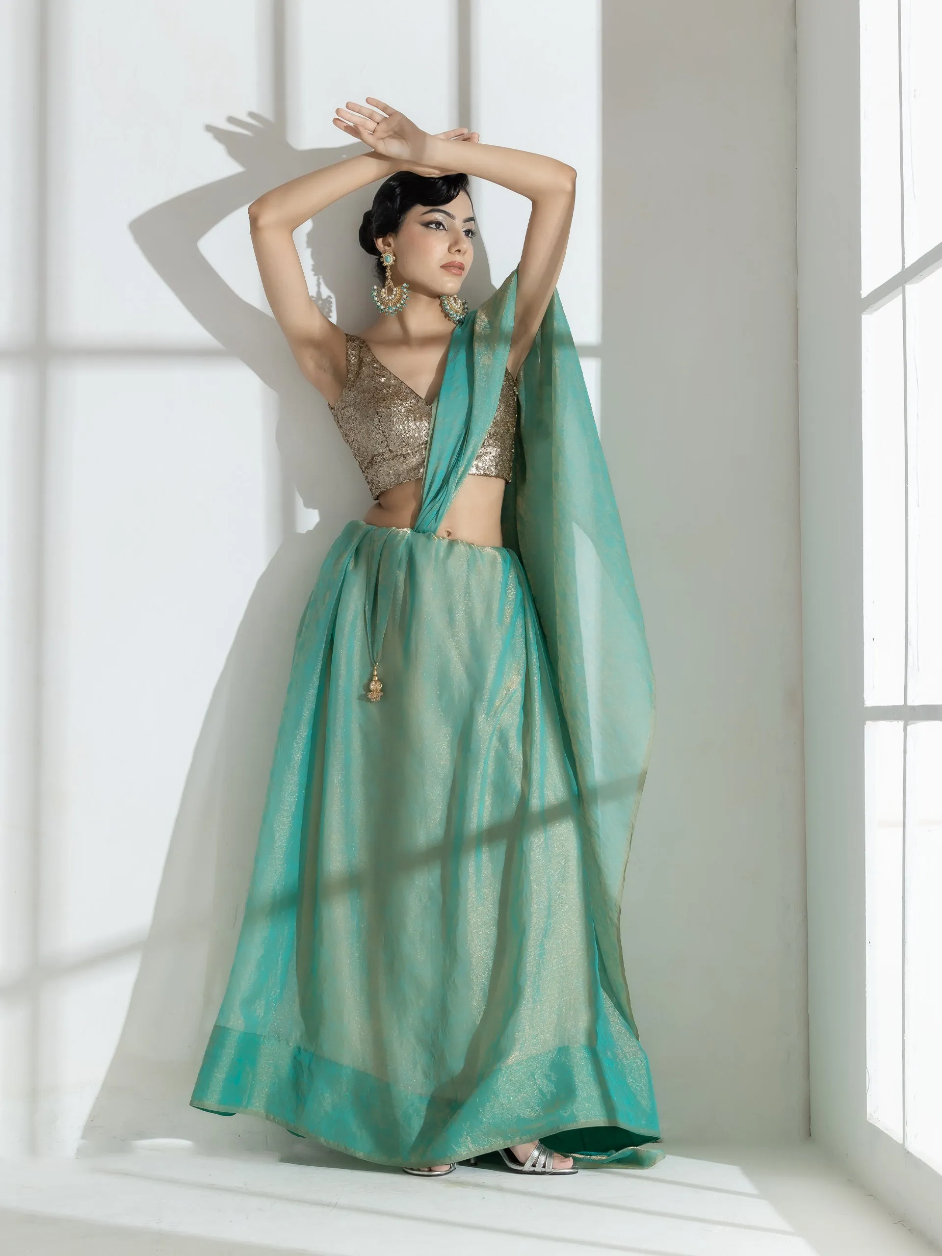 Paris Green Paisley Gold Design Chiffon Saree with Beaded Latkan