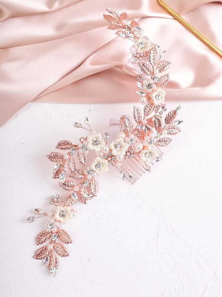 Pearl Flower Hair Vine Head Wreath, Gold Leaf Bridal Head Wreath, Wedding Crown Bride Hair Comb Tiara Headpiece