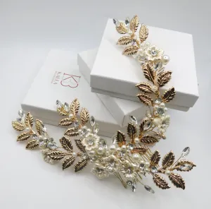 Pearl Flower Hair Vine Head Wreath, Gold Leaf Bridal Head Wreath, Wedding Crown Bride Hair Comb Tiara Headpiece