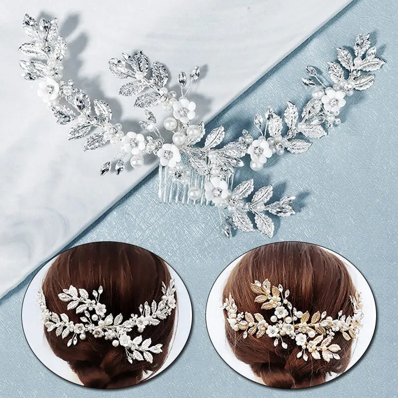 Pearl Flower Hair Vine Head Wreath, Gold Leaf Bridal Head Wreath, Wedding Crown Bride Hair Comb Tiara Headpiece