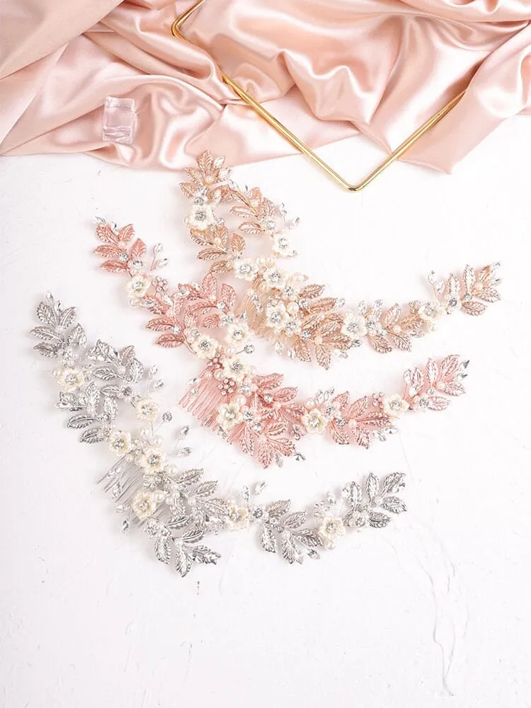 Pearl Flower Hair Vine Head Wreath, Gold Leaf Bridal Head Wreath, Wedding Crown Bride Hair Comb Tiara Headpiece
