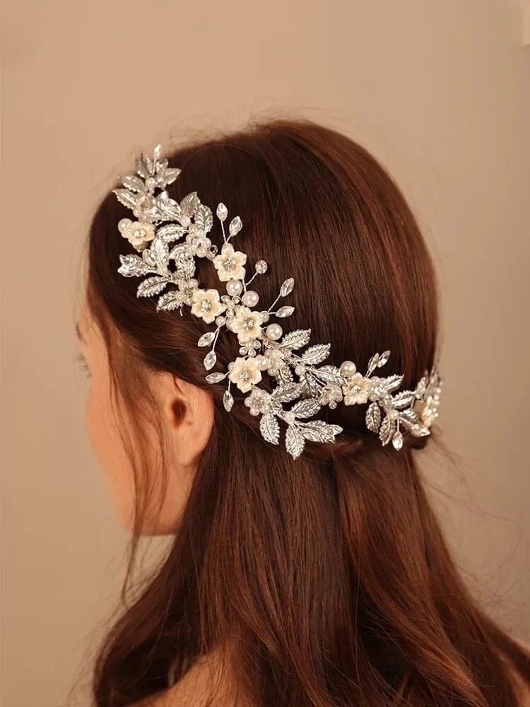 Pearl Flower Hair Vine Head Wreath, Gold Leaf Bridal Head Wreath, Wedding Crown Bride Hair Comb Tiara Headpiece
