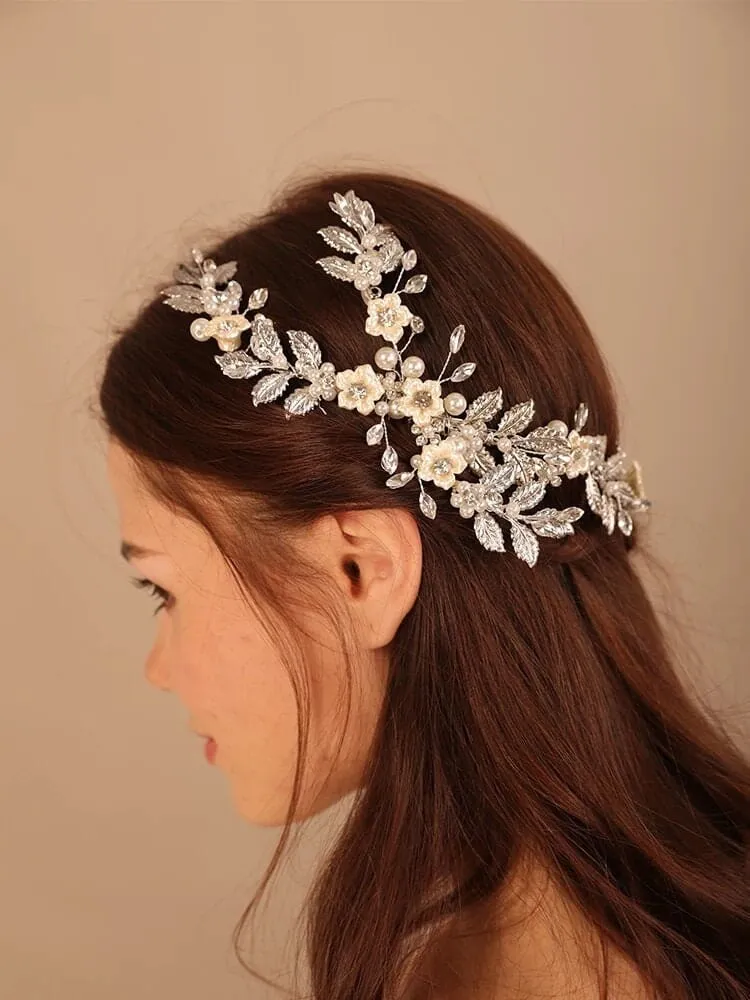 Pearl Flower Hair Vine Head Wreath, Gold Leaf Bridal Head Wreath, Wedding Crown Bride Hair Comb Tiara Headpiece