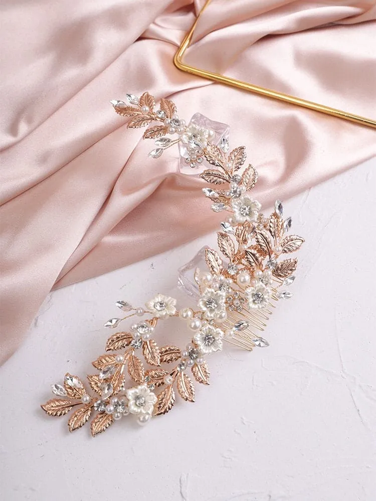 Pearl Flower Hair Vine Head Wreath, Gold Leaf Bridal Head Wreath, Wedding Crown Bride Hair Comb Tiara Headpiece