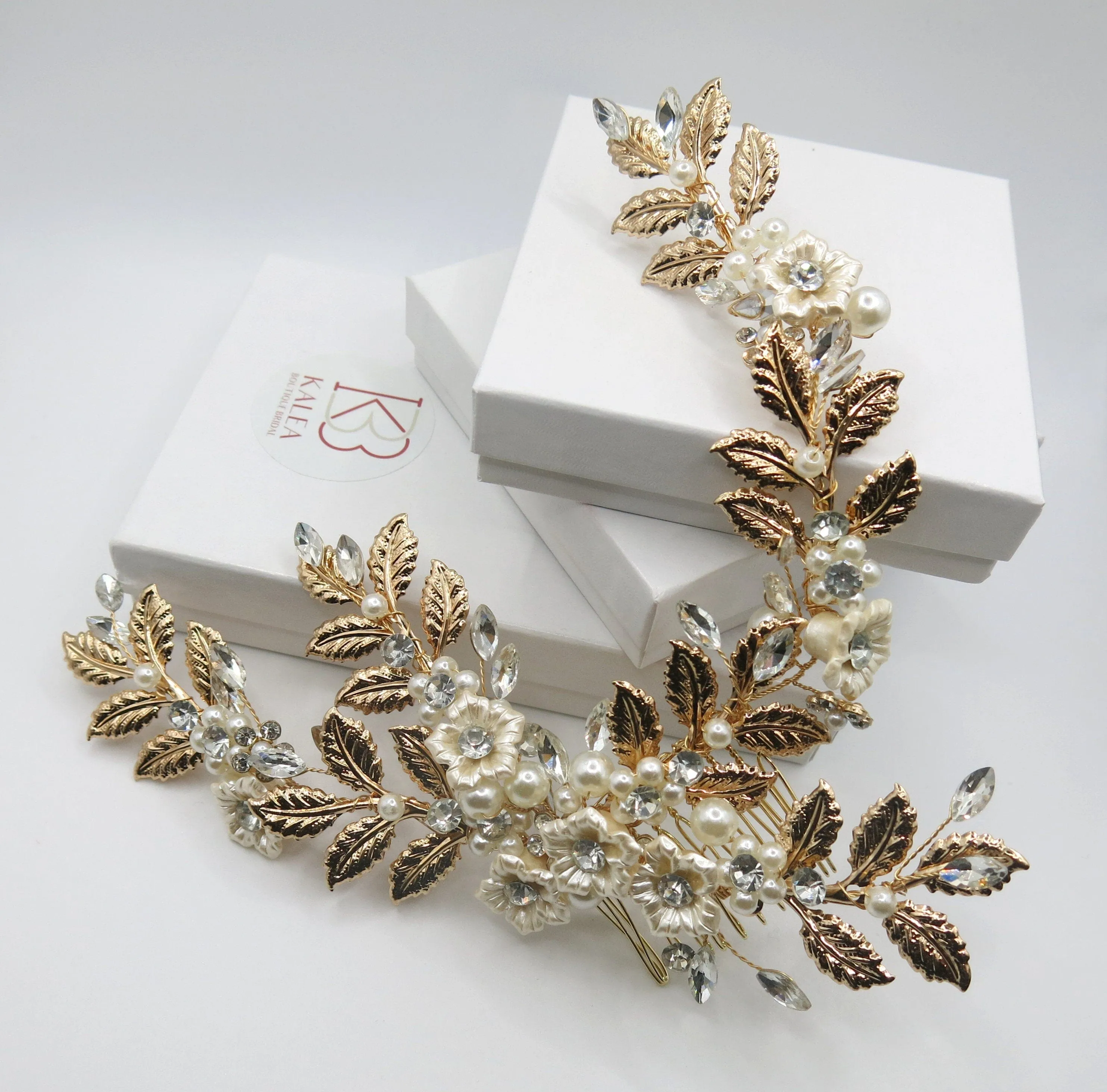 Pearl Flower Hair Vine Head Wreath, Gold Leaf Bridal Head Wreath, Wedding Crown Bride Hair Comb Tiara Headpiece
