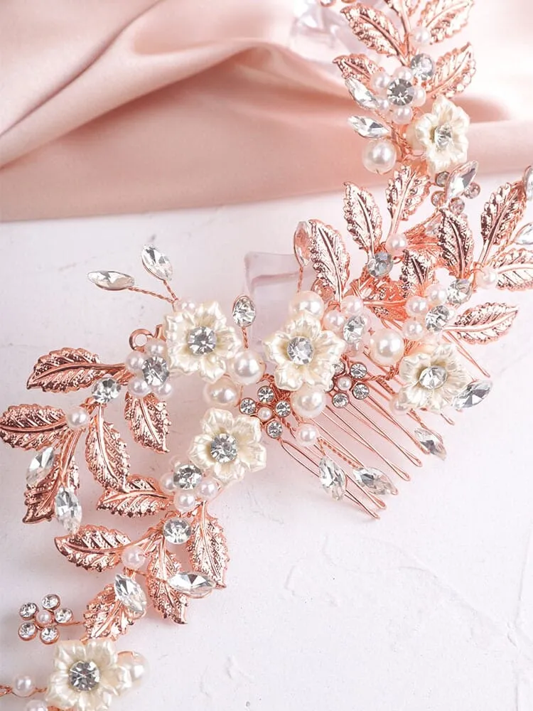 Pearl Flower Hair Vine Head Wreath, Gold Leaf Bridal Head Wreath, Wedding Crown Bride Hair Comb Tiara Headpiece