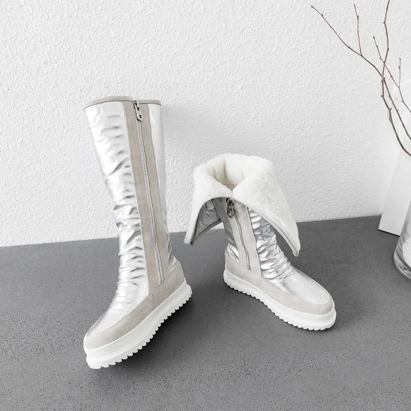 Plus size 34-43 New cow genuine leather boots women zipper nature wool warm snow boots ladies knee high winter boots