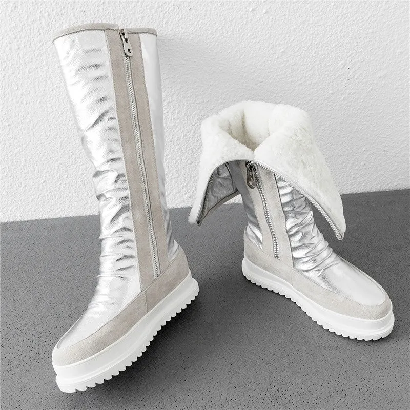 Plus size 34-43 New cow genuine leather boots women zipper nature wool warm snow boots ladies knee high winter boots