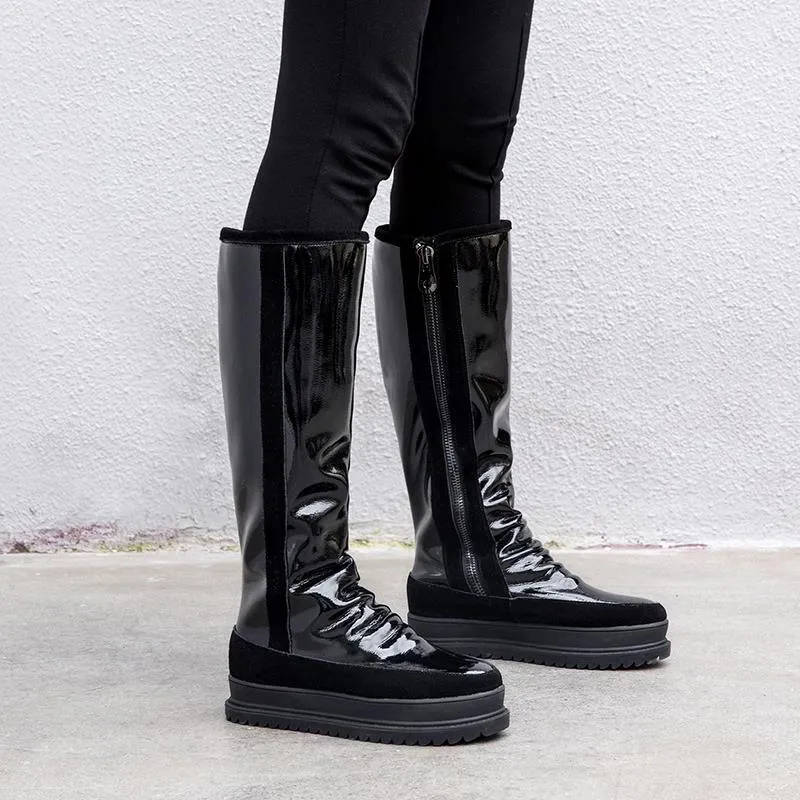 Plus size 34-43 New cow genuine leather boots women zipper nature wool warm snow boots ladies knee high winter boots