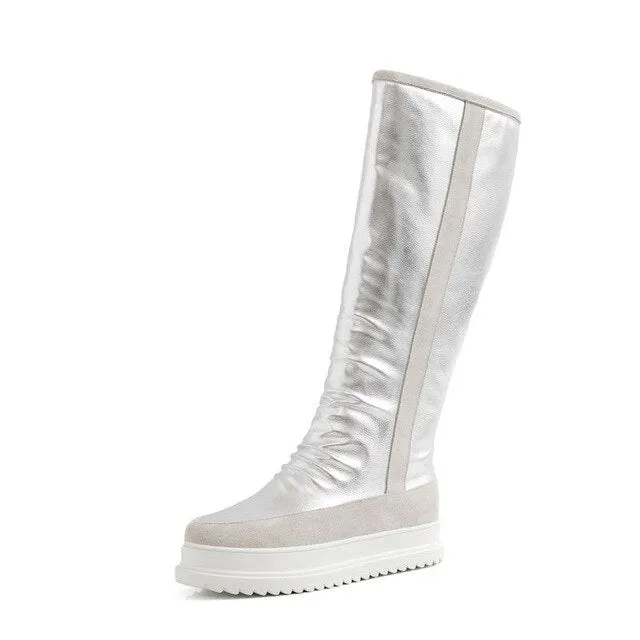 Plus size 34-43 New cow genuine leather boots women zipper nature wool warm snow boots ladies knee high winter boots
