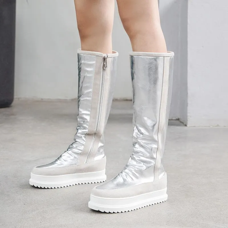 Plus size 34-43 New cow genuine leather boots women zipper nature wool warm snow boots ladies knee high winter boots