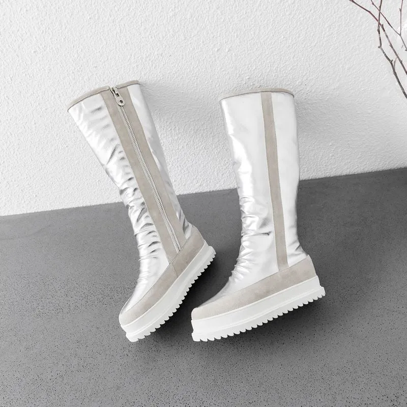 Plus size 34-43 New cow genuine leather boots women zipper nature wool warm snow boots ladies knee high winter boots