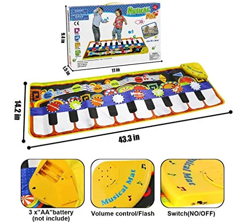 RenFox Kids Musical Mats, Music Piano Keyboard Dance Floor Mat Carpet Animal Blanket Touch Playmat Early Education Toys for Baby Girls Boys(43.3x14.2in)