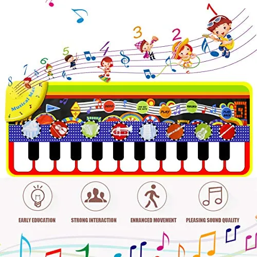 RenFox Kids Musical Mats, Music Piano Keyboard Dance Floor Mat Carpet Animal Blanket Touch Playmat Early Education Toys for Baby Girls Boys(43.3x14.2in)