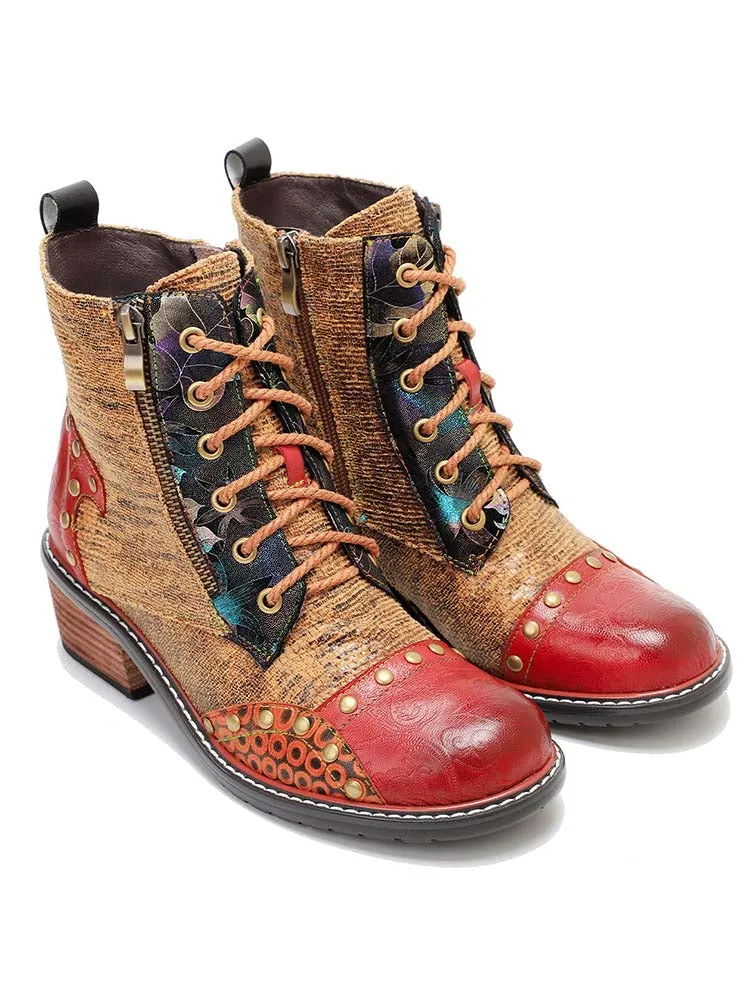 Retro Leather Patchwork Casual Comfort Ankle Boots