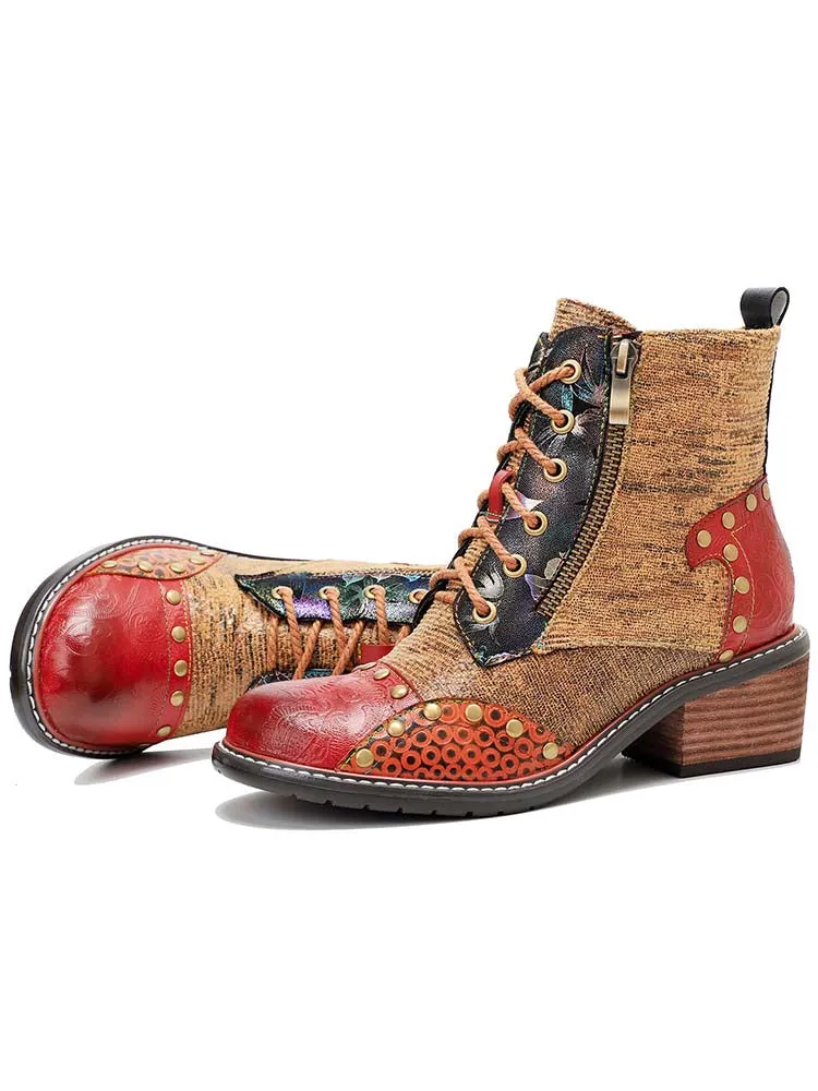Retro Leather Patchwork Casual Comfort Ankle Boots
