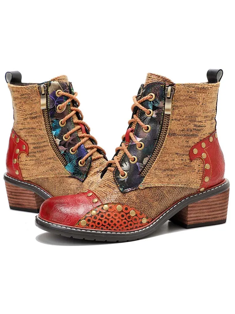 Retro Leather Patchwork Casual Comfort Ankle Boots