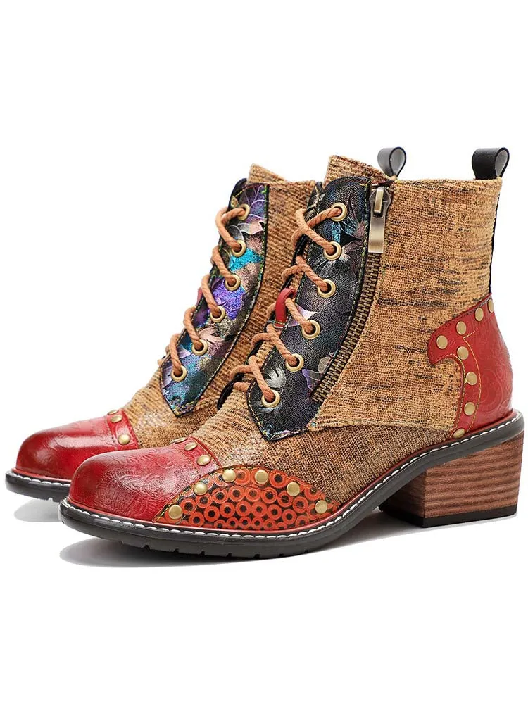 Retro Leather Patchwork Casual Comfort Ankle Boots