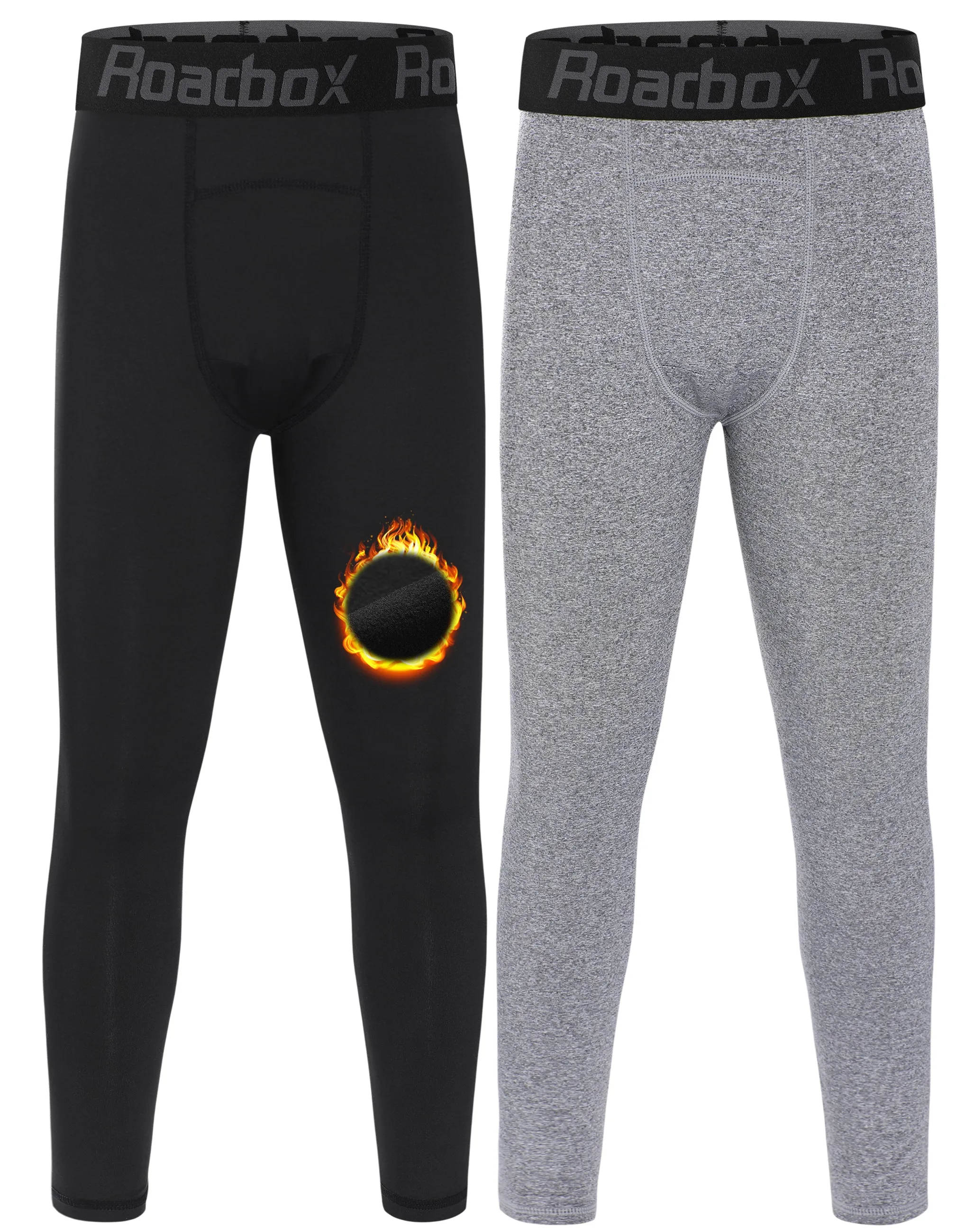 Roadbox Boys Thermal Compression Leggings 2 Pack - Youth Fleece Lined Base Layer Tights for Basketball Football Running
