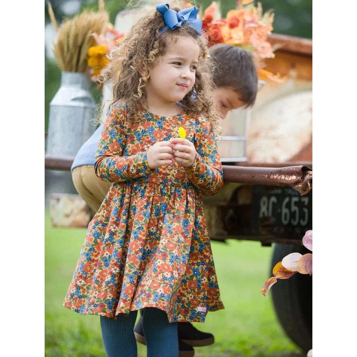 RuffleButts Golden Harvest Knit Long Sleeve Twirl Dress